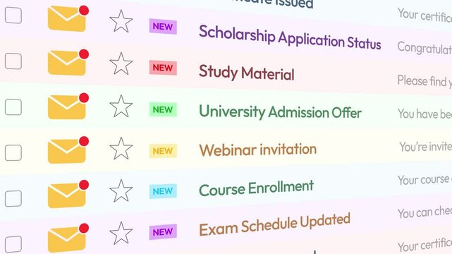 Education and online learning concept 4k animation with scrolling emails list, certificates, admission offer, university, exams mail, information.