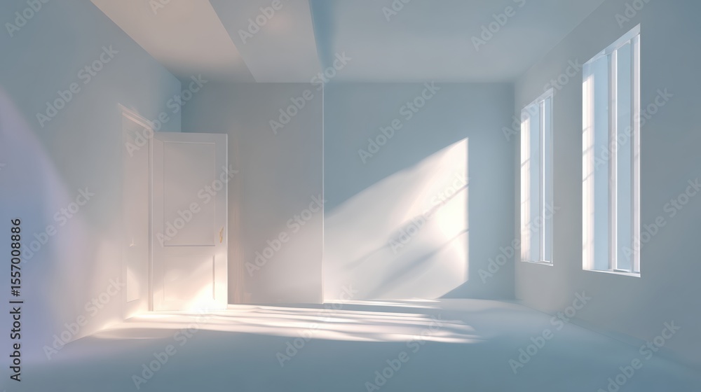 Poster a serene, empty room with soft natural light filtering through large windows, embodying minimalism a
