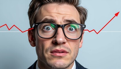 Surprised Man with Increasing Line Chart and Disintegrated Background