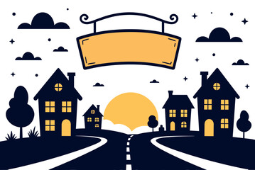 Fototapeta premium Cartoon Townscape Illustration with Houses, Road, Signboard, and Sunset in Flat Vector Style