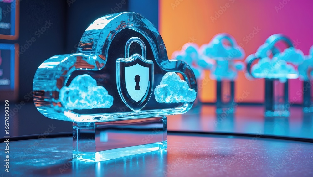 Poster illuminated cloud-shaped display featuring a lock icon, set against a vibrant background with additi