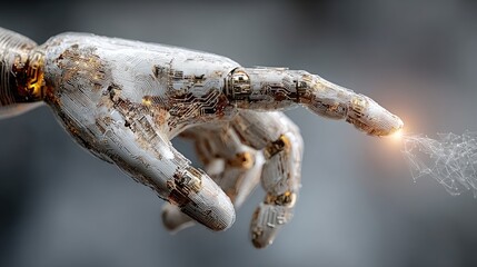 Robotic Hand Pointing at Glowing Energy Particle, Close Up