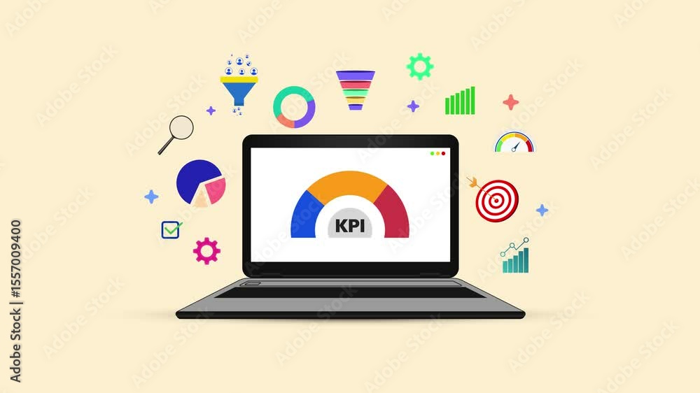 Poster key performance indicator showing on the laptop screen 4k animation with colorful floating infograph