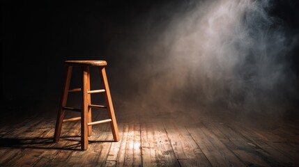 A solitary wooden stool in a dimly lit environment, casting shadows in the soft glow of light and smoke.