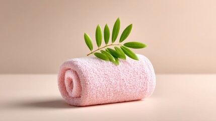 Rolled Pink Organic Cotton Towel with Green Leaf on Beige Background