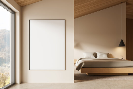 Minimalist bedroom interior with blank poster mockup on beige wall beside cozy bed under wooden ceiling in natural light setting. 3D Rendering