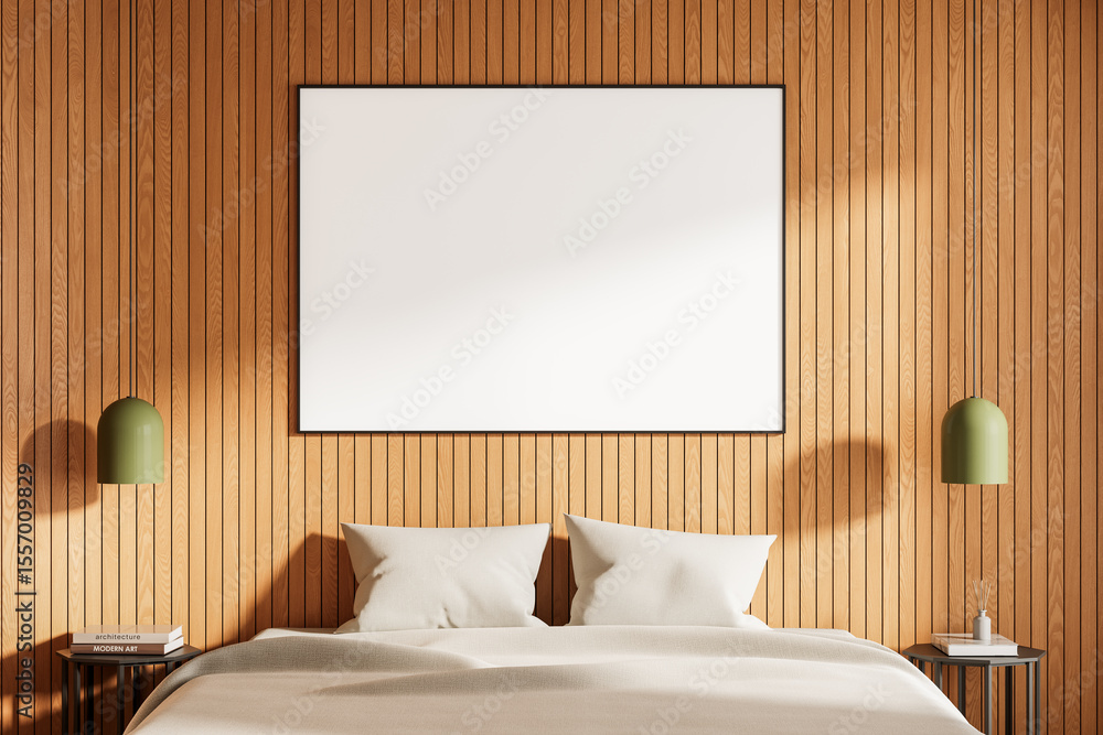 Fototapete framed blank poster mockup above bed in cozy modern interior with vertical wooden panel wall and min