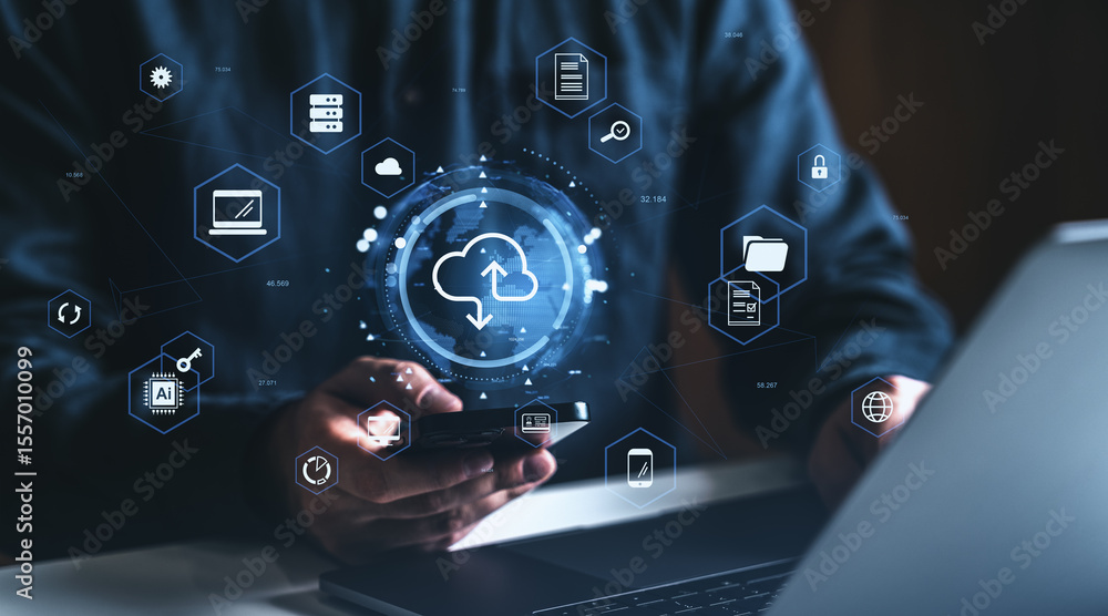 Poster cloud computing concept with digital icons and person using smartphone and laptop in dark environmen