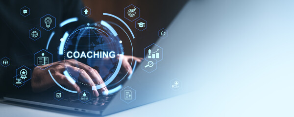 Business coaching concept with futuristic digital interface icons and man typing on laptop in...