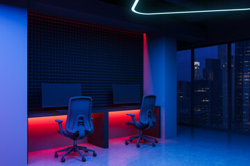 Futuristic office space with dual workstations and neon lighting in high-rise cityscape at night....
