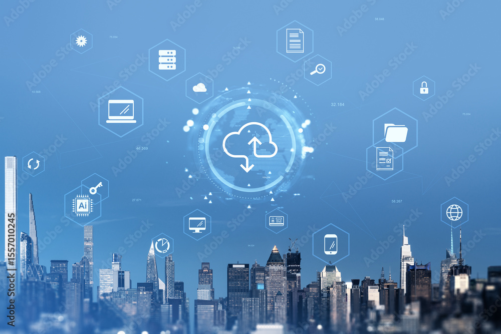 Poster cloud computing technology icons over cityscape with blue digital theme showing data synchronization