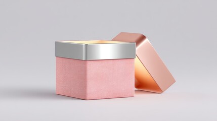 Rose Gold Glitter Gift Box with Silver Lid on Grey Background