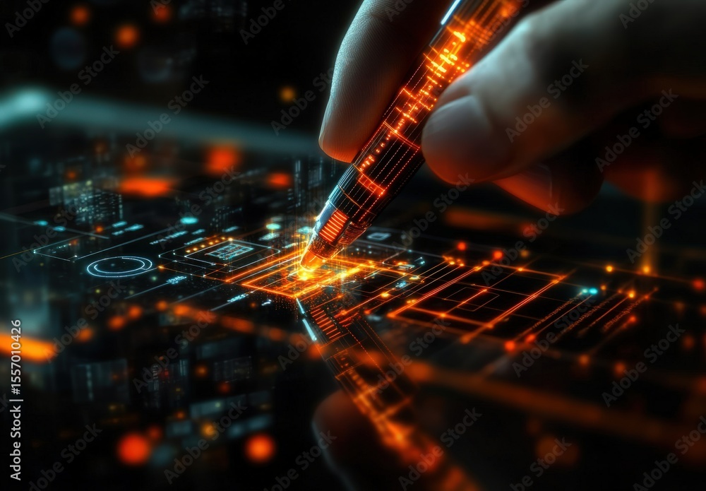 Poster innovative hand holding pen on digital tablet with futuristic data visualization in a technological 