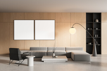 Minimalist living room interior with wooden panel wall, modern gray furniture, and elegant lighting...