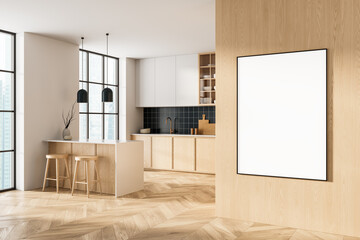 Blank vertical poster mockup in bright modern kitchen interior with wood walls and minimal...