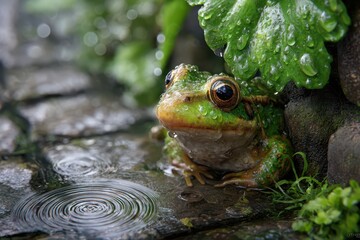 A green frog under the rain banner
