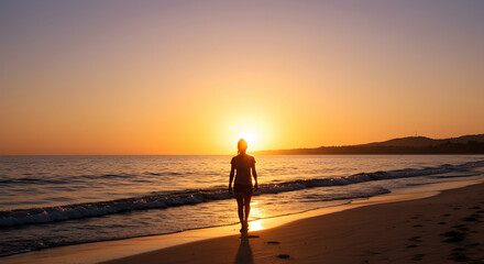 Silhouette of a woman walking on the beach at sunset enjoying the ocean breeze and golden hour light peaceful and serene moment