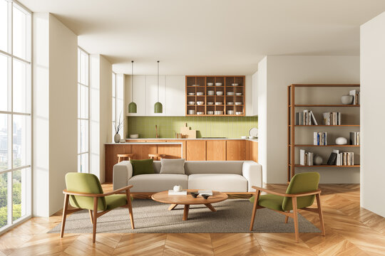 Modern open living room and kitchen interior with green accents, wooden furniture, and natural lighting in cozy minimalist Scandinavian design concept. 3D Rendering - Powered by Adobe