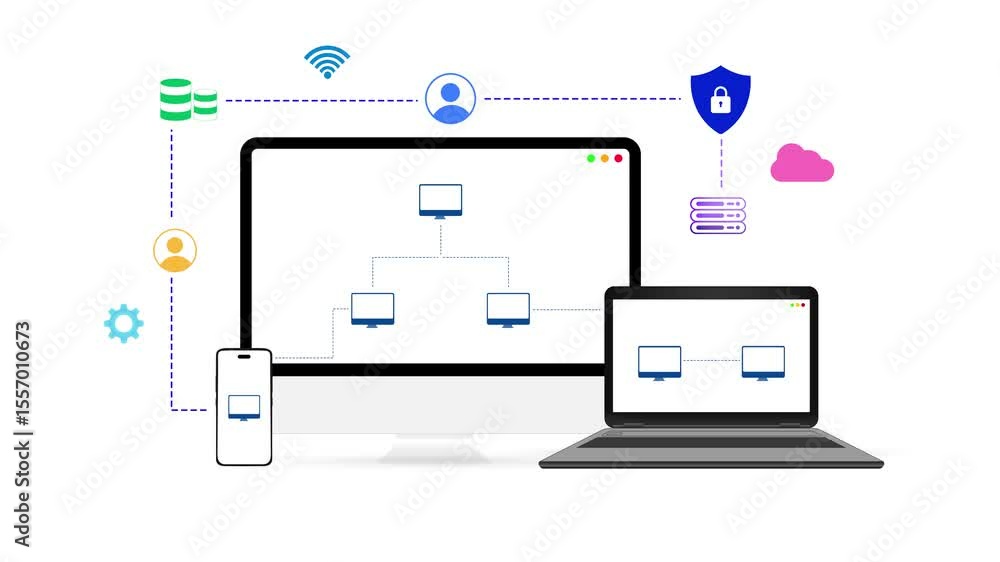 Poster networking between multiple devices and users concept showing on computer, laptop and mobile 4k anim