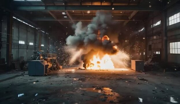 Explosion in Dark Industrial Room with Debris and Airborne Particles