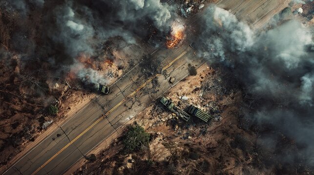and keyword list based on the image

 Aerial view depicts destruction explosions, vehicles, and debris litter a desolate road intersection