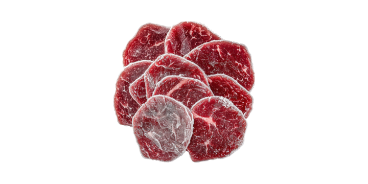 Frozen Beef Slices. Freshness And Quality In Meat Preservation Isolated On Transparent Background