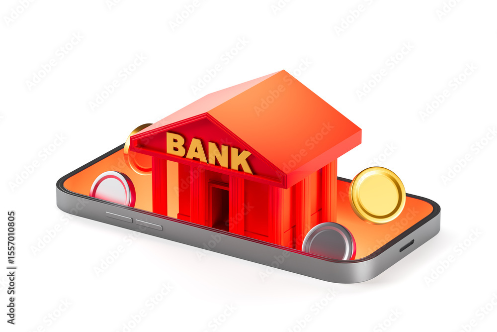Poster digital banking concept showing red bank building emerging from smartphone with coins around, symbol
