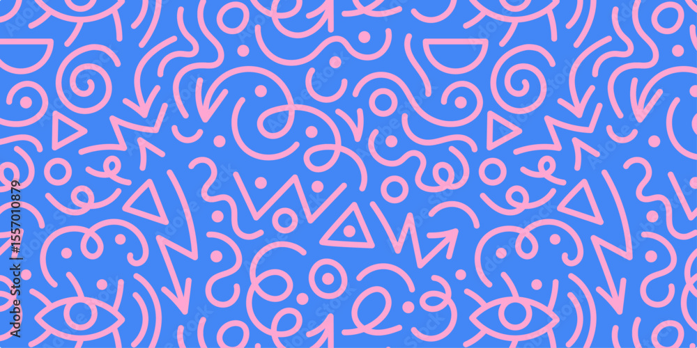 Poster Memphis geometric seamless pattern. Simple colorful line doodle. Artistic background with simple playful childish scribbles, abstract geometric shapes. Vector design print for children, festive decor