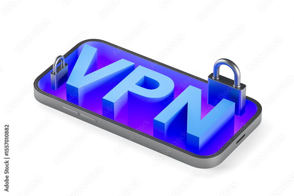Poster vpn security concept with 3d text and padlocks inside smartphone screen on white background represen