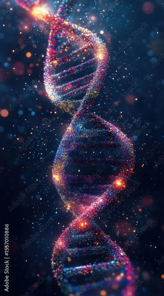 Poster colorful and sparkling dna helix on a dark background with bokeh effect and glittering particles