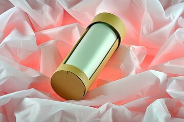 Round Cardboard Tube Packaging on Pink Crumpled Paper