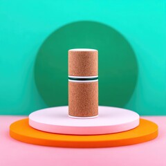 Round Cork Packaging Tube on Layered Pastel Platforms
