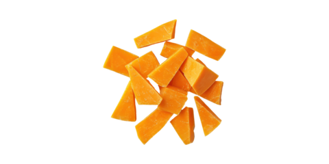 Chunks Of Aged Cheddar Cheese. Gourmet Dairy Product For Culinary Use Isolated On Transparent Background