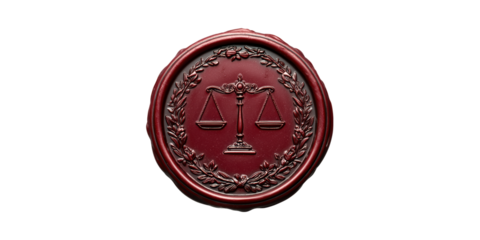 Red Wax Seal With Scales Of Justice Emblem. Symbol Of Law And Authority Isolated On Transparent Background