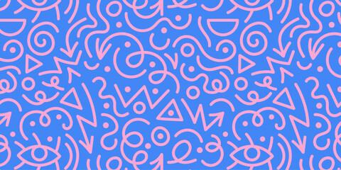 Memphis geometric seamless pattern. Simple colorful line doodle. Artistic background with simple playful childish scribbles, abstract geometric shapes. Vector design print for children, festive decor