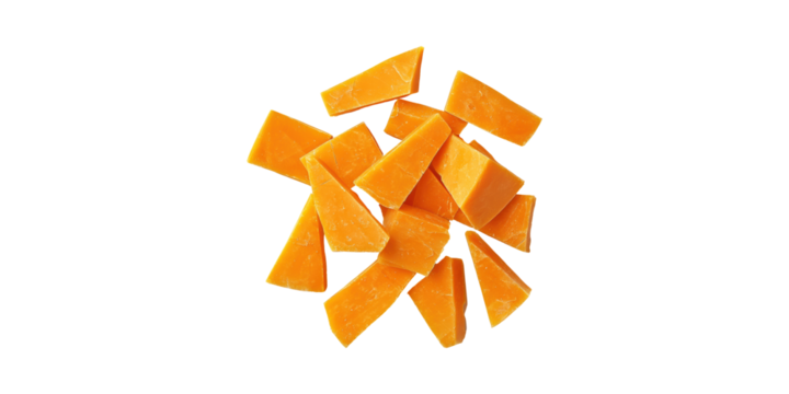 Chunks Of Aged Cheddar Cheese. Gourmet Dairy Product For Culinary Use Isolated On Transparent Background