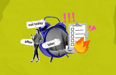 Surreal collage depicting procrastination concept with woman, al