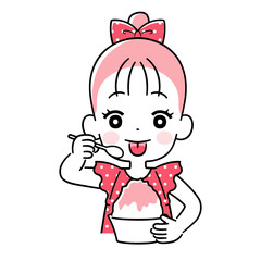 かき氷を食べて舌に色がついた女の子　ワントーン
