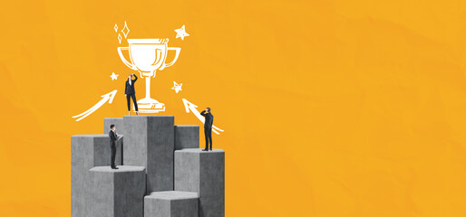 Businesspeople standing on podiums with illustrated trophy and a