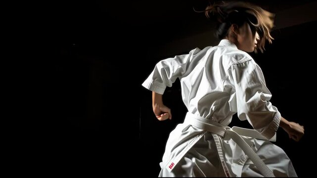 黒い背景で空手の形を披露する道着の女性