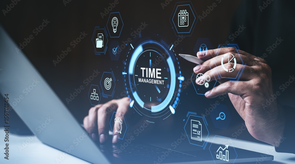 Poster time management concept with digital interface elements and person using stylus and laptop in futuri
