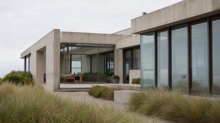 Ocean-bluff modern home in matte beige concrete glass fins top-down overcast light evenly illuminating textures subtle reflections in