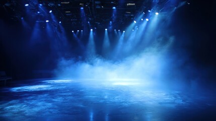 A stage illuminated by blue lights, with fog creating a mysterious atmosphere, perfect for performances or events.