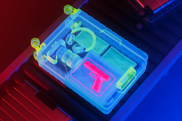 3D rendering of airport security scanner detecting handgun in suitcase on conveyor belt with...