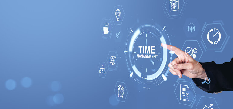 Businessman pointing at time management interface with futuristic digital icons on blue background representing productivity and planning concept.