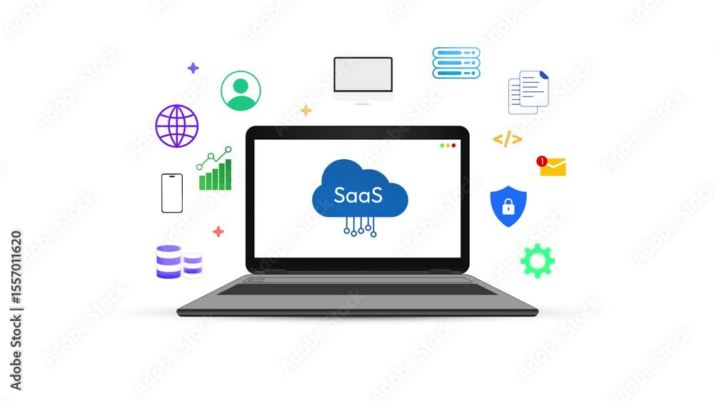 Poster software as a service saas system showing on the laptop screen 4k animation, cloud computing model, 
