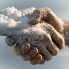 Rustic Hands Clasped Amidst Clouds: A Partnership Concept