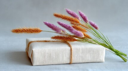 Rustic Gift Wrapped in Organic Textile with Beaded Flowers and Jute