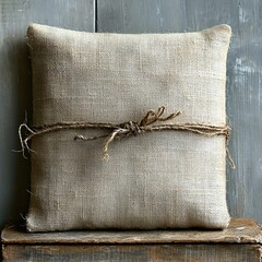 Rustic Gray and White Textured Square Pillow with Twine