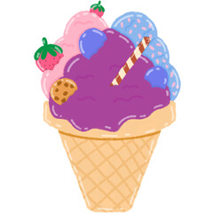 Cute Ice Cream Doodle with Berries, Cookie, and Colorful Scoops